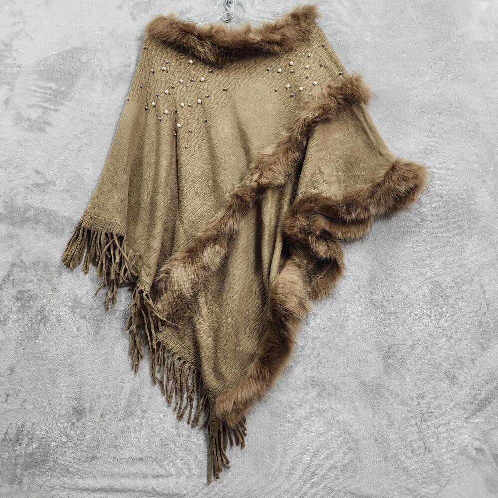 NEW Northern Angel Shawl Womens L/XL Brown Faux Fur Fringe Beaded Poncho Wrap